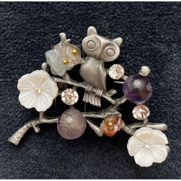 Owl On A Branch Brooch Natural Stone Flower Hijab Pin Costume Jewellery - Picture 9 of 9